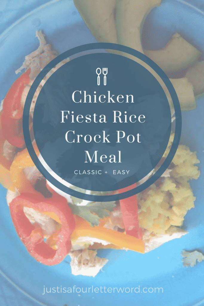 Make this easy chicken dish in the crock pot and serve with yellow rice for a delicious meal! Chicken Fiesta rice is a family favorite!