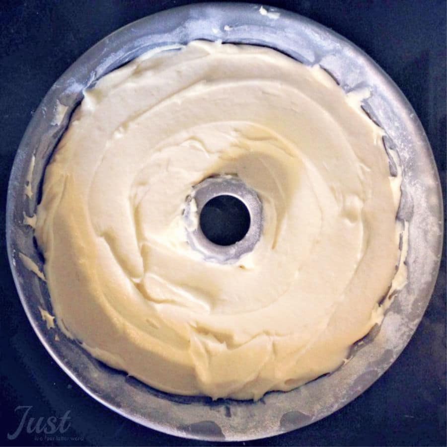 pound cake batter in a bundt pan
