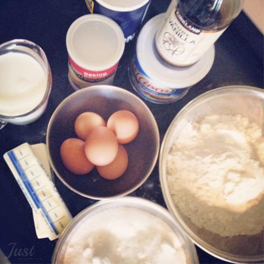 photo taken from overhead of pound cake ingredients