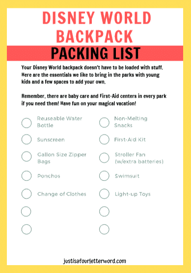 Disney World Backpack packing list for kids