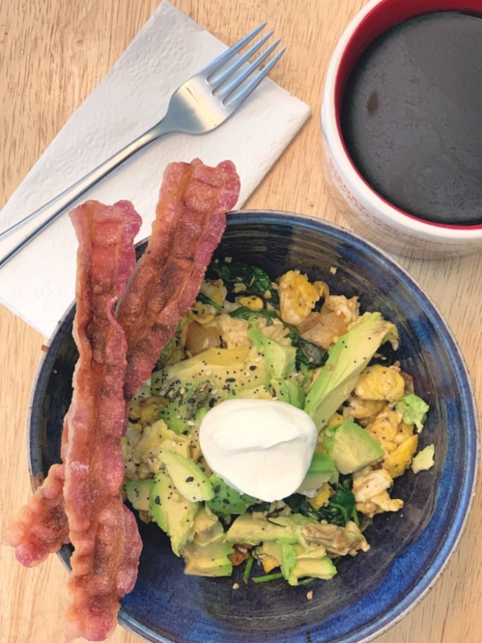 Eggs and bacon in a bowl