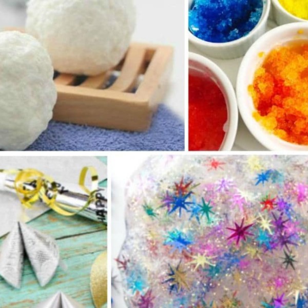 New Years Eve kids activities like snowball soap, slime, snow painting and fortune crafts
