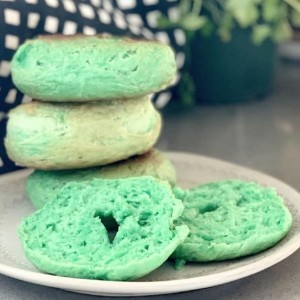Green Bagels for St. Patrick's Day stacked on plate