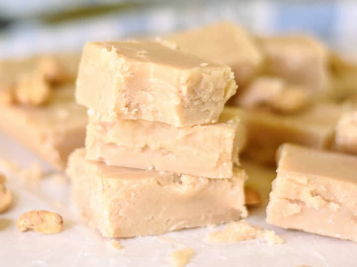 Peanut butter fudge stacked with bite