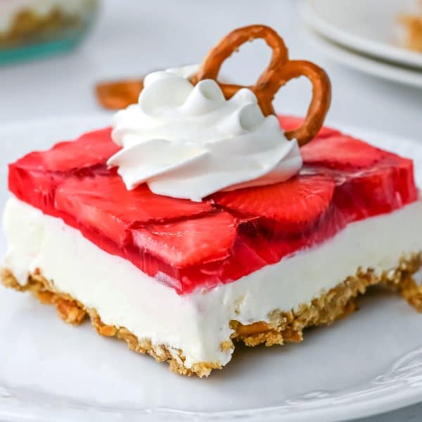 Strawberry pretzel salad on a plate is a delicious dessert.