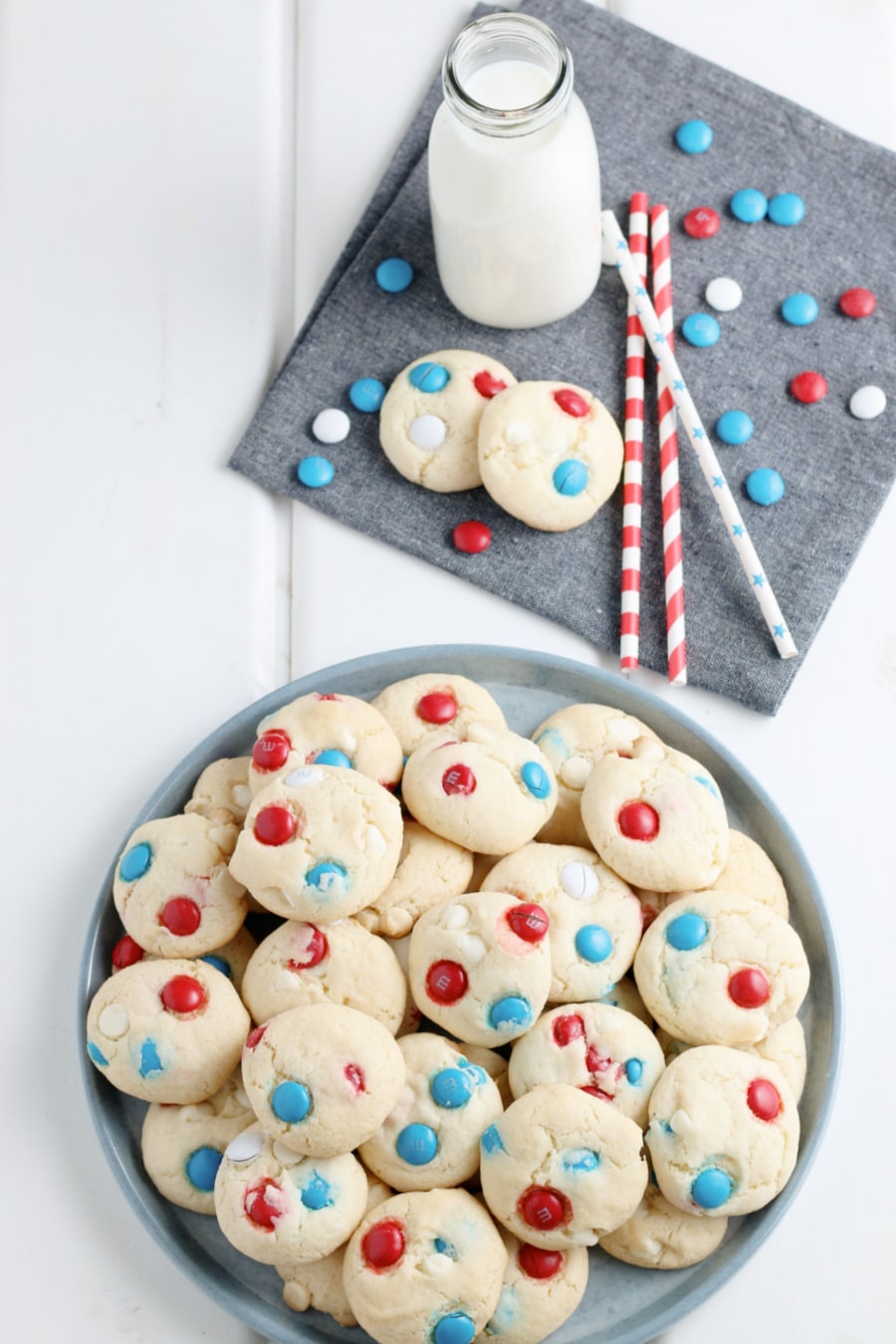Patriotic Cake Mix Cookies On plate overhead with milk and napkin