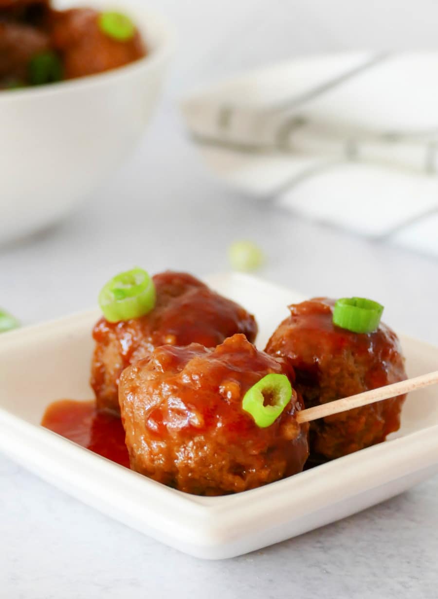 Slow Cooker Sweet and Spicy Meatballs on plate