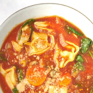 Slow-Cooker-Tomato-Tortellini-Soup-with-Chicken Recipe in bowl