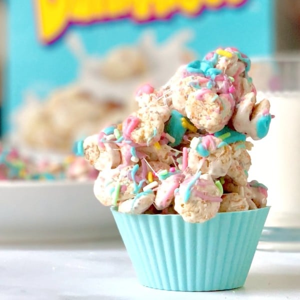 unicorn cereal clusters stacked in a cupcake liner