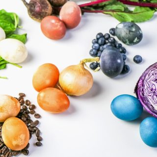 dyed eggs next to the vegetable used