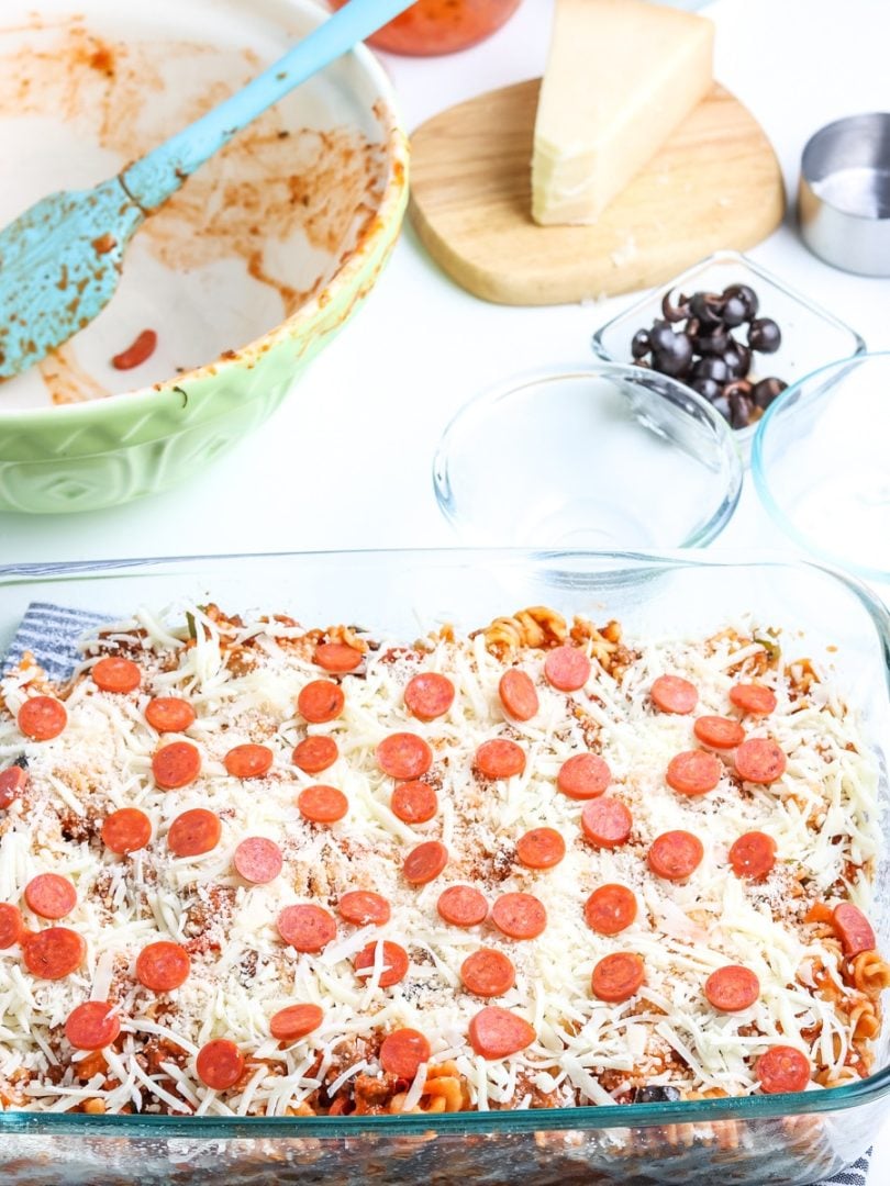 Baked Pizza Pasta Supreme - in 30 minutes! - Just is a Four Letter Word