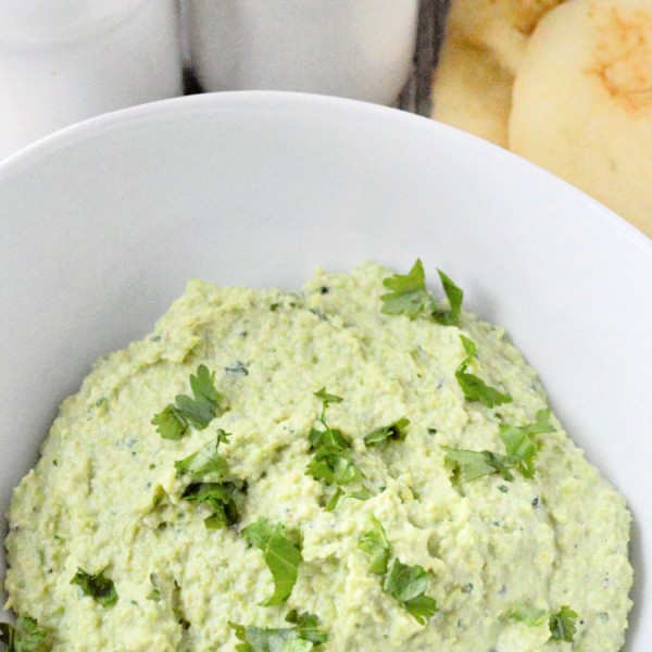 edamame hummus in bowl with cilantro