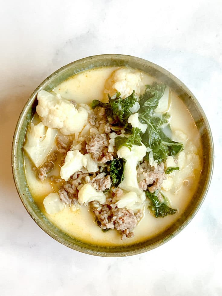 low carb zuppa toscana recipe in bowl with steam