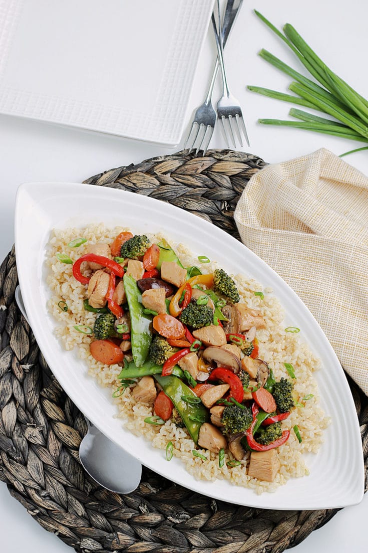 Chicken Stir Fry on a plate over rice