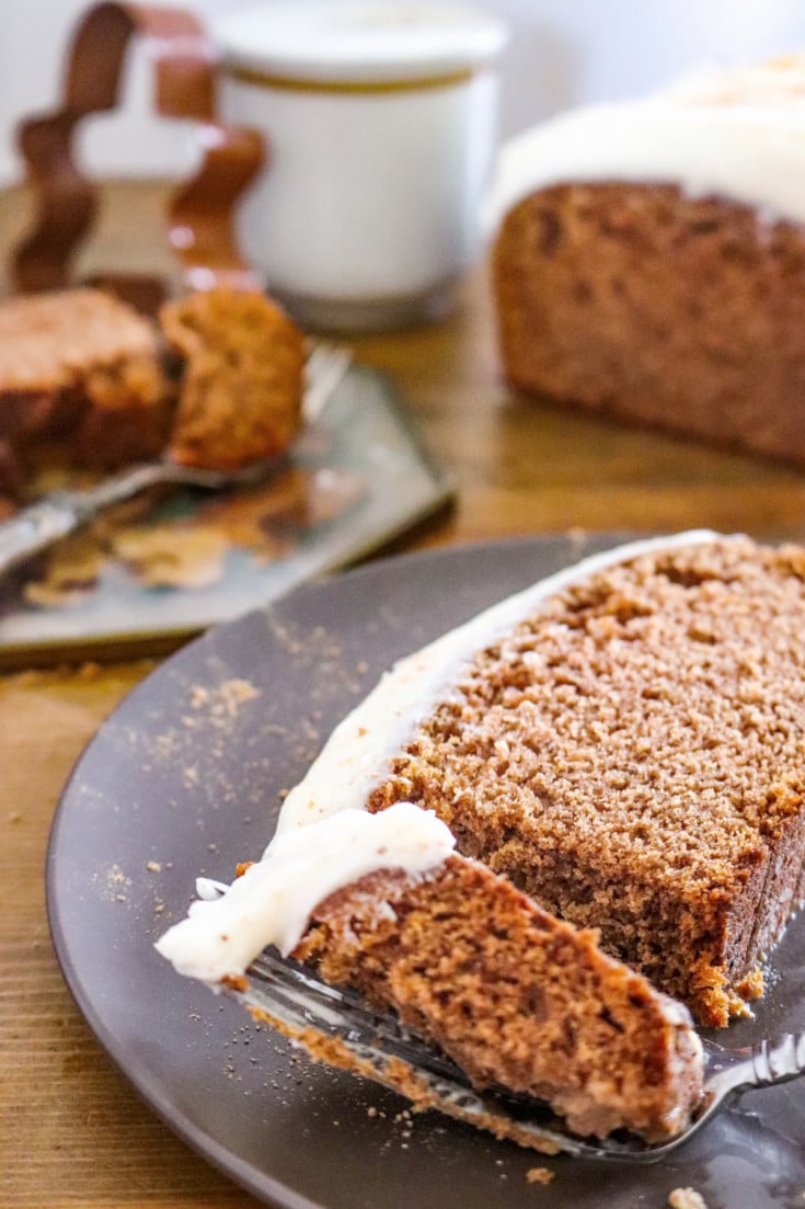 Gingerbread Cake Loaf on plate with bite on fork