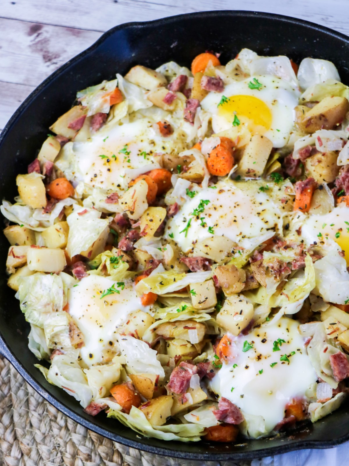 Leftover Corned Beef and Cabbage Hash with Eggs