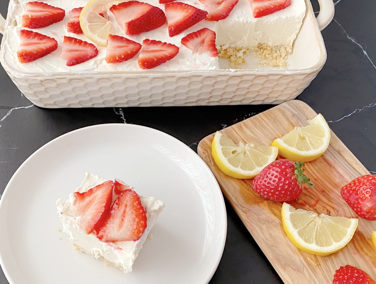 Strawberry lemon cheesecake bar on plate