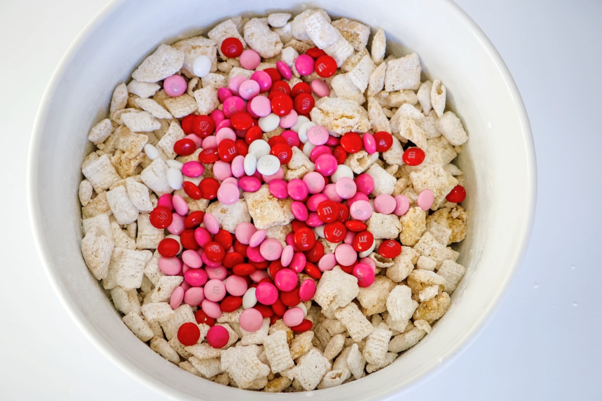 add pink chocolate candies to snack mix