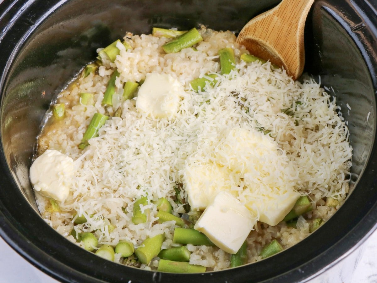 melt butter and parmesan into rice and serve
