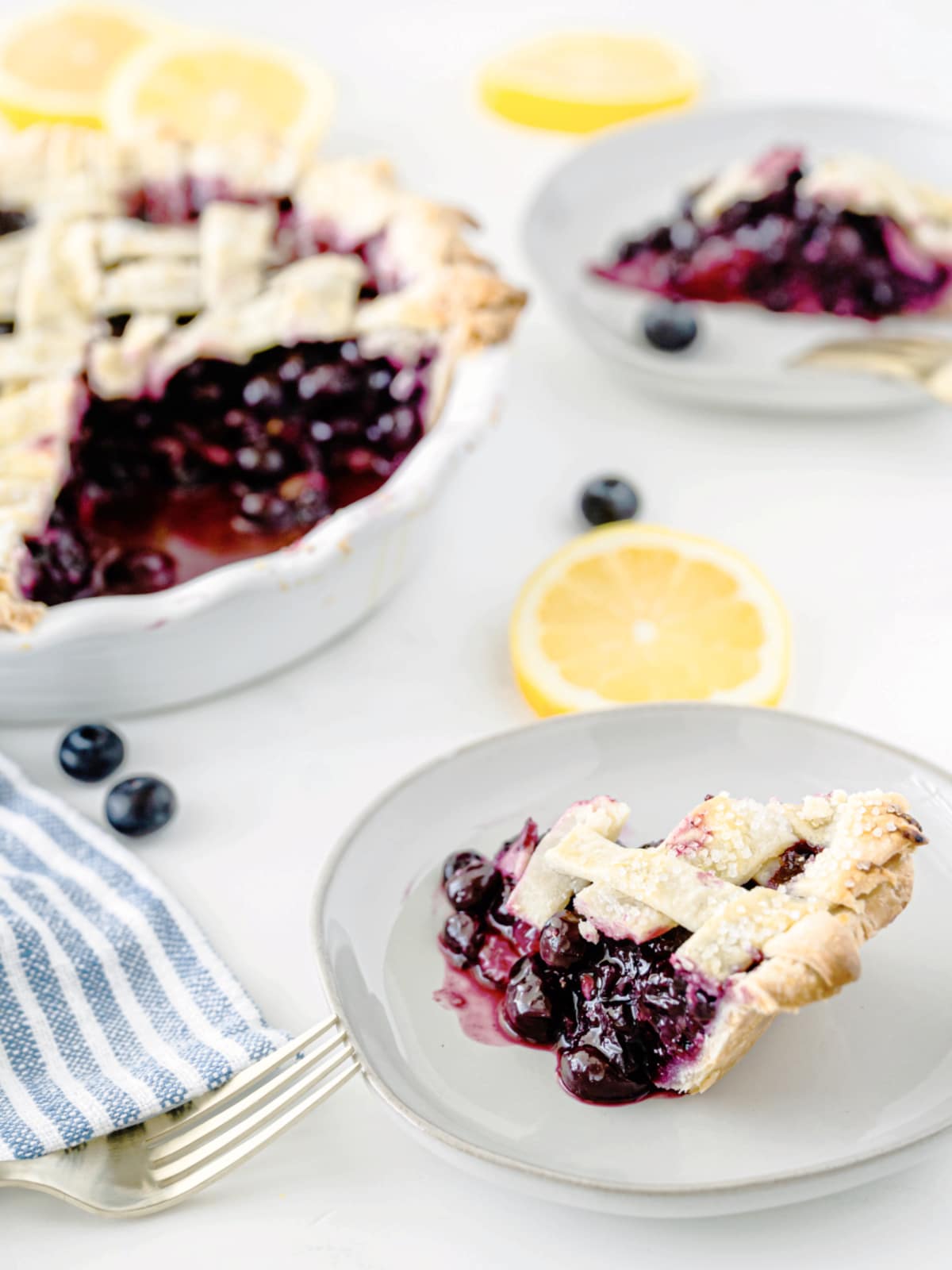 Blueberry pie slices on plates