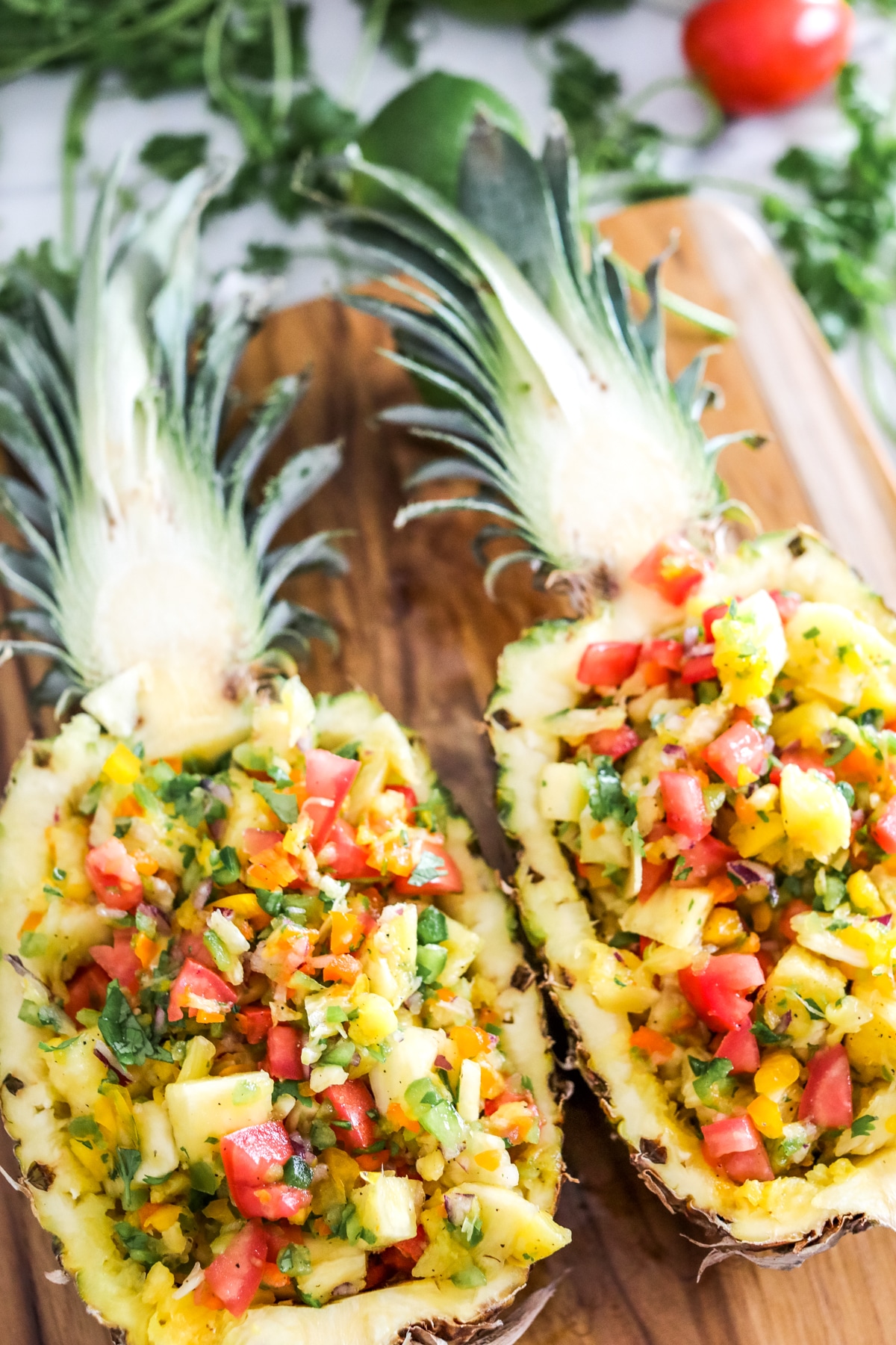 Jalapeno Pineapple Salsa in pineapple bowls