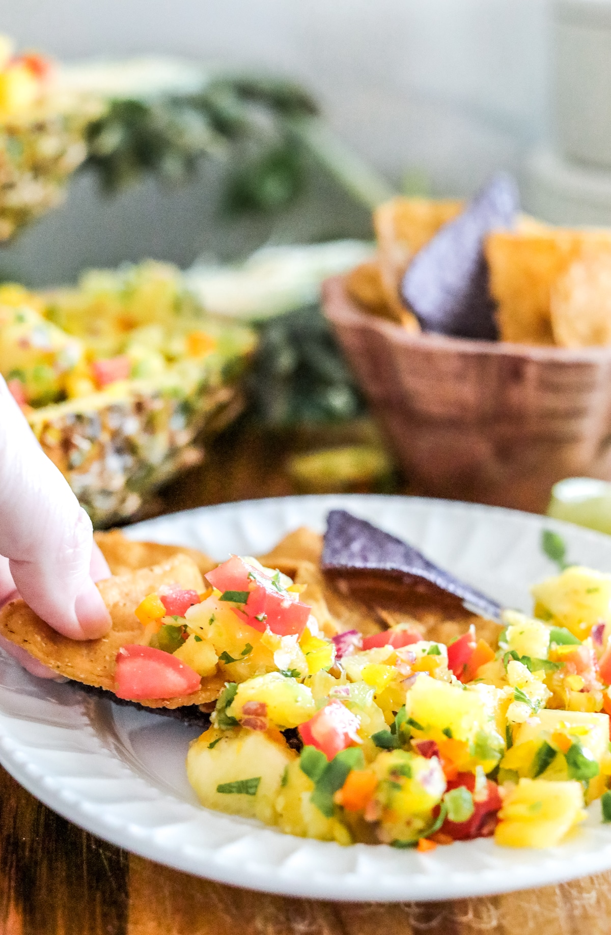 Jalapeno Pineapple Salsa on plate with tortilla chips
