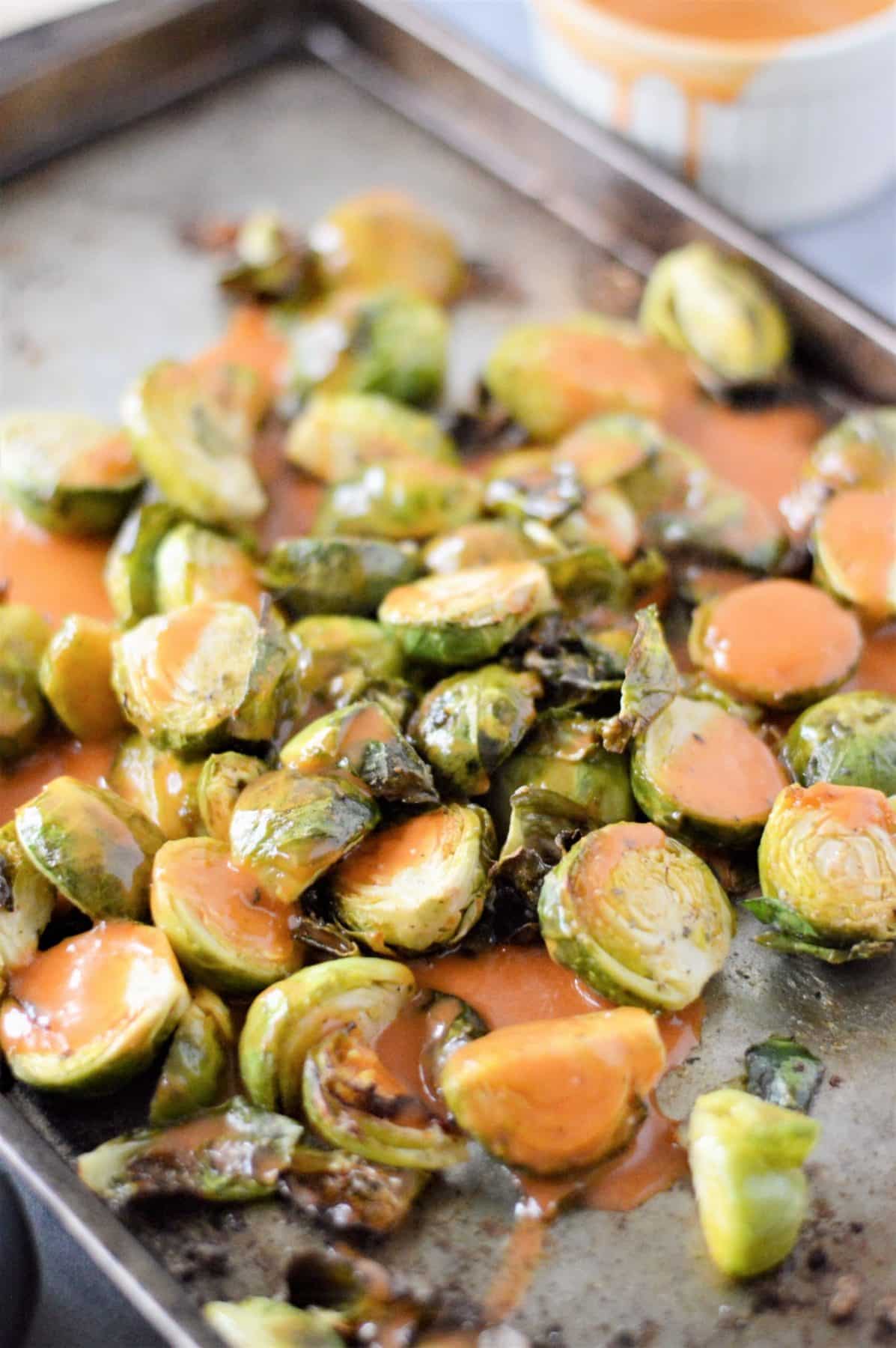 buffalo sauce on roasted brussels sprouts