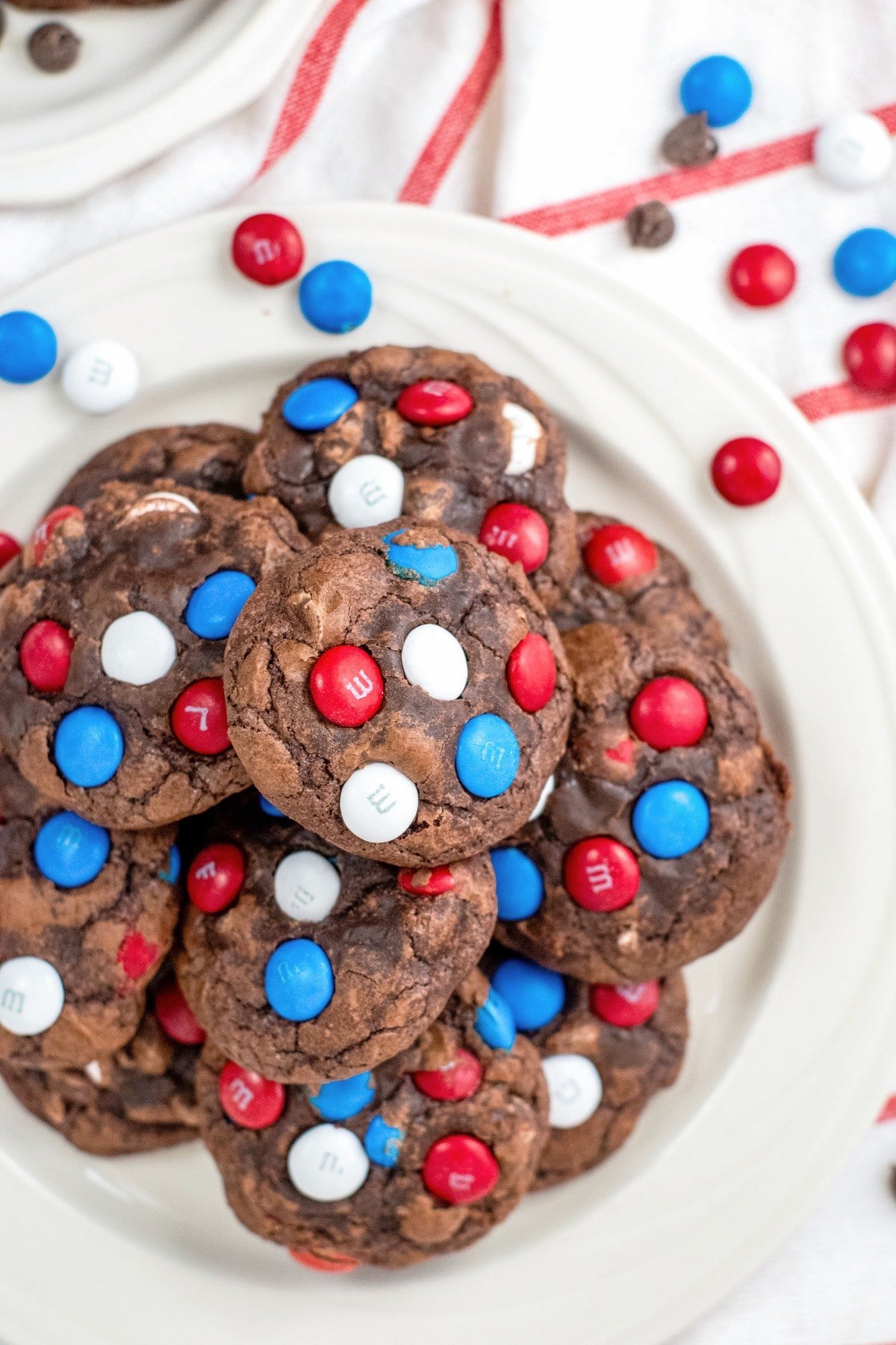 patriotic brownie cookies stacked on white plate