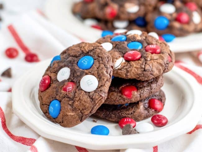 patriotic brownie cookies with red white and blue candies
