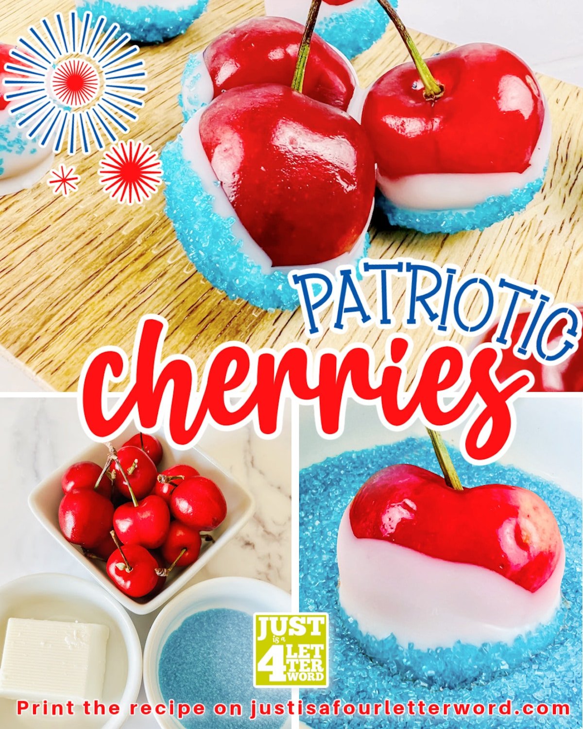 images of cherries dipped in white chocolate and blue sugar sprinkles with text patriotic cherries and an ingredient image of cherries, white chocolate and sprinkles in bowls