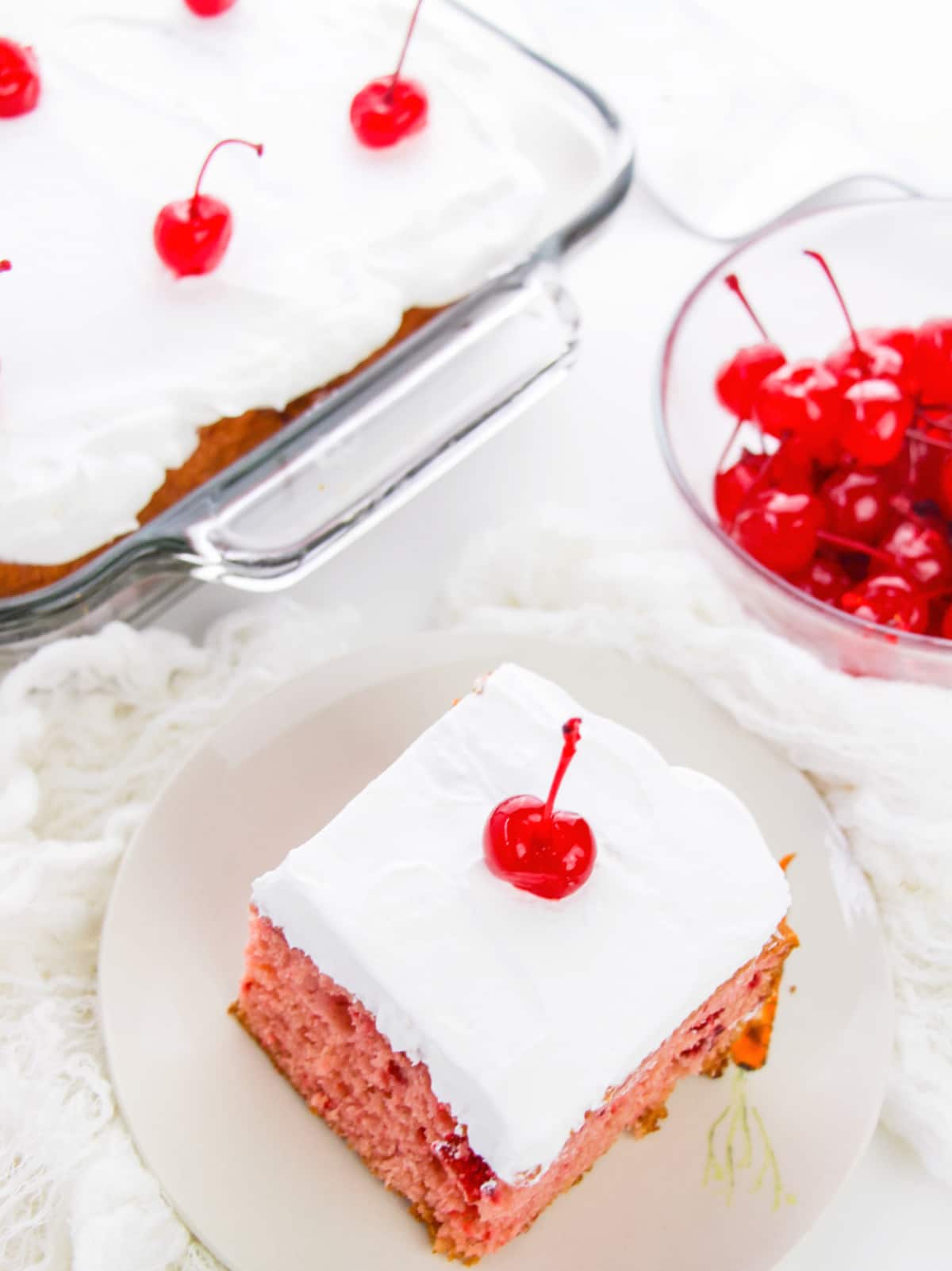 Slice of Cherry Cake on a white Plate