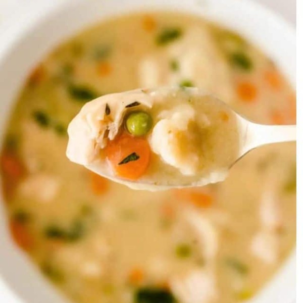 Focus photography of Chicken and Dumpling soup in a spoon.