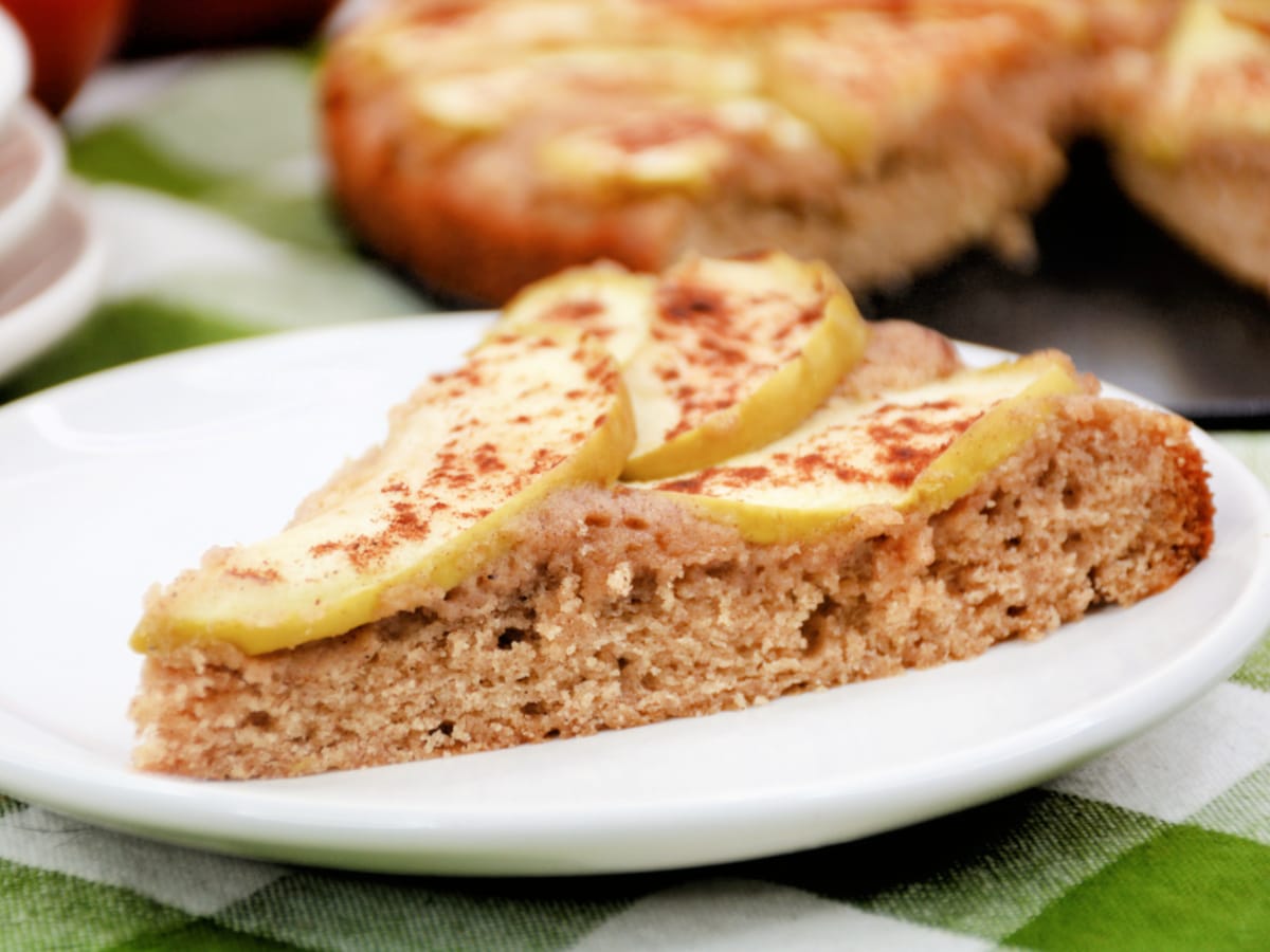 French Apple Cake slice on a white plate