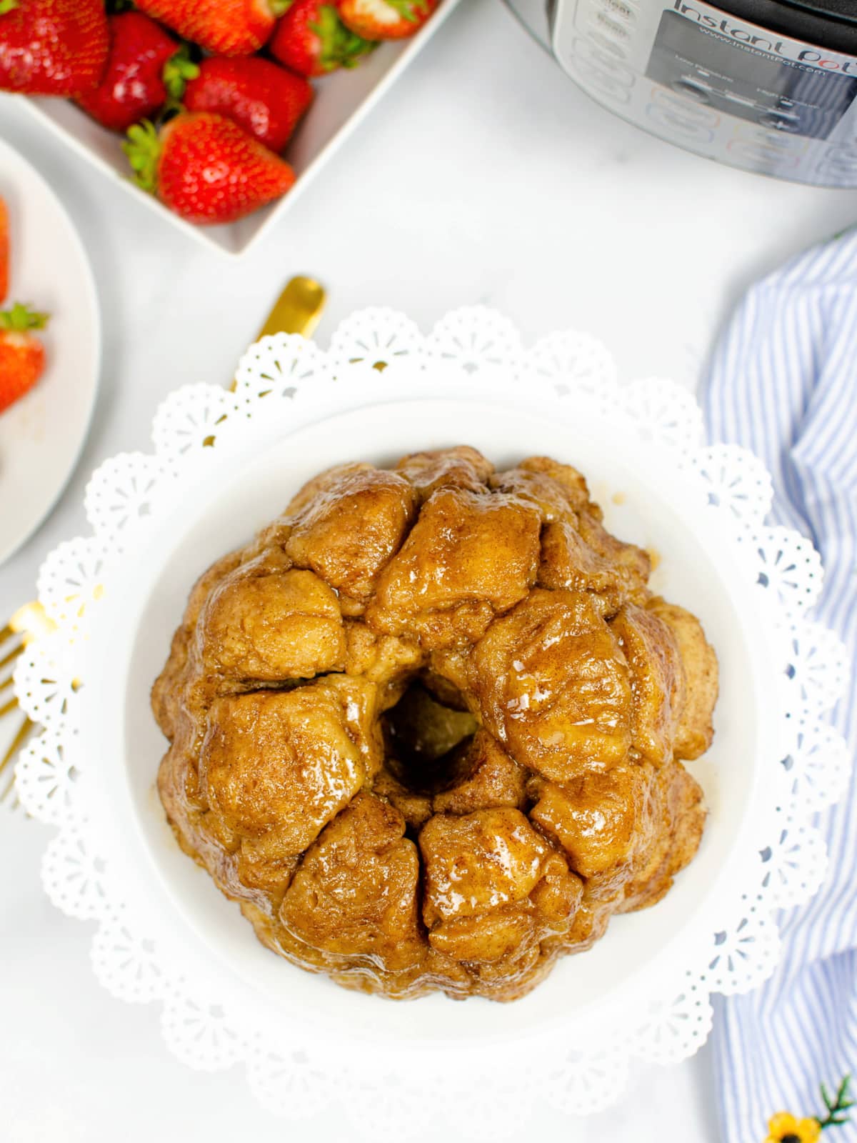 overhead view of monkey bread on a white platter