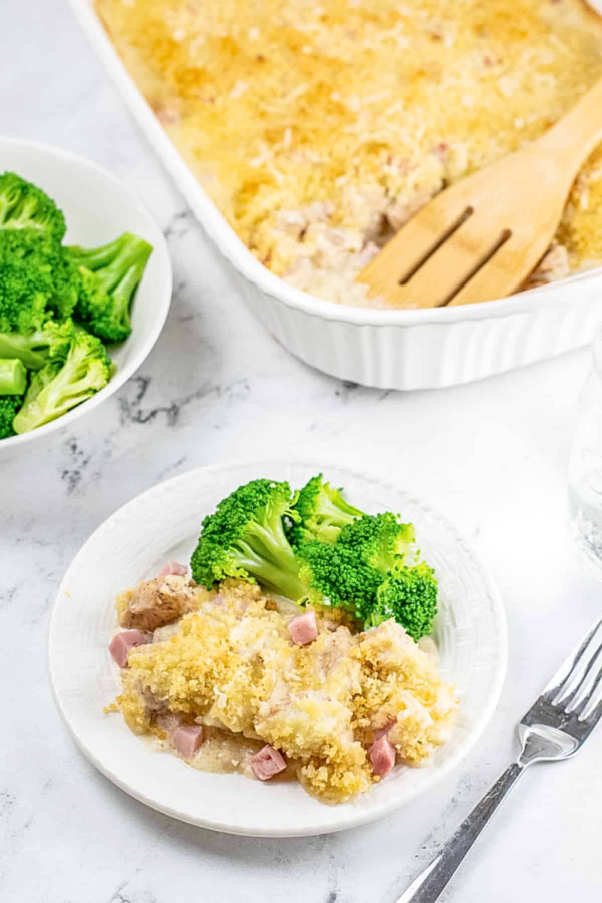 chicken cordon bleu casserole in dish and plated