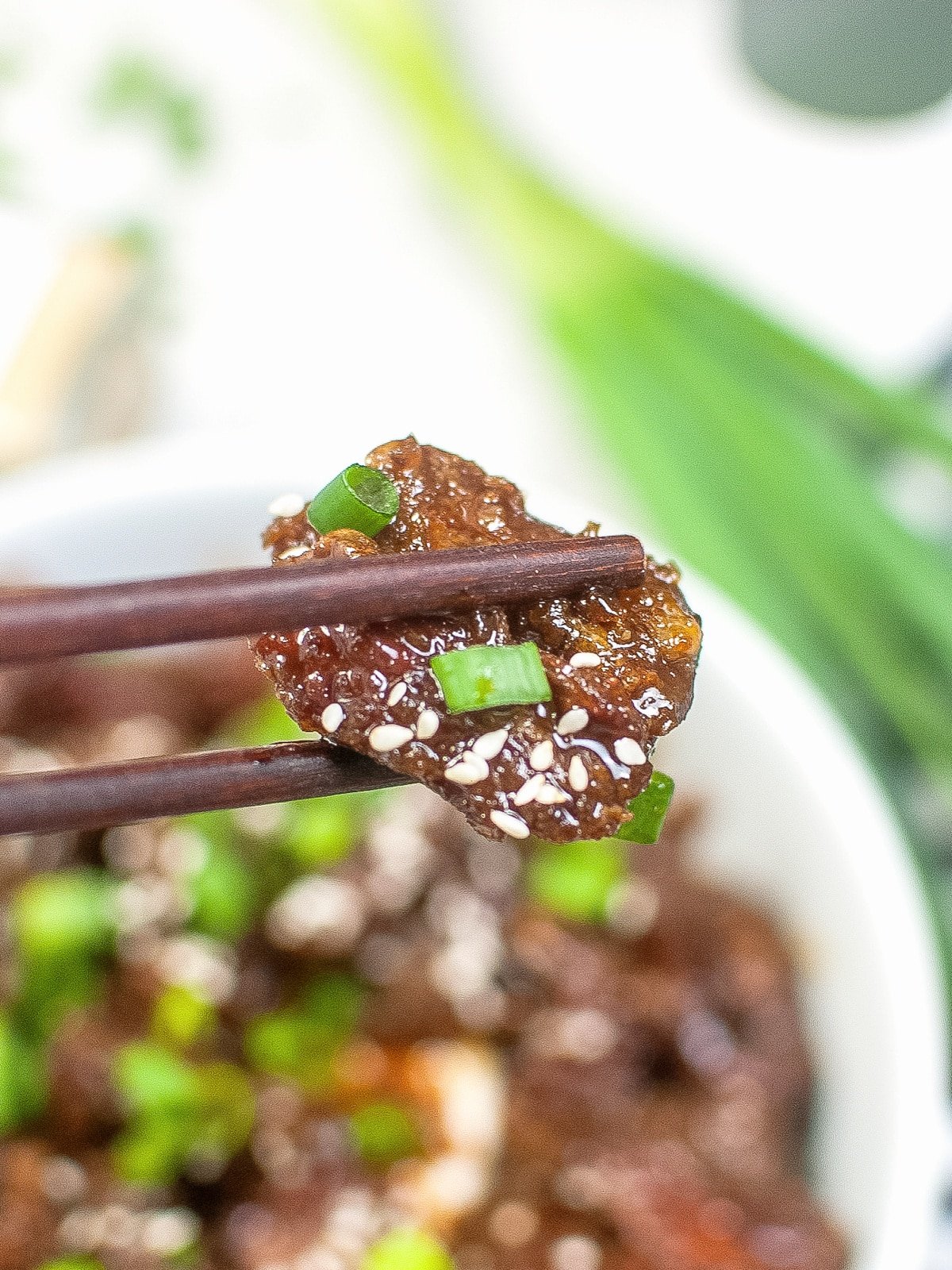 mongolian beef with green onion and sesame seeds