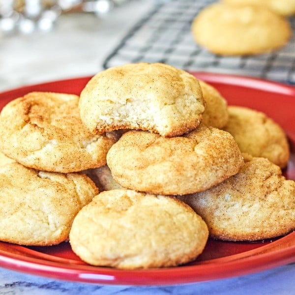 snickerdoodle cake mix cookies on a red plate