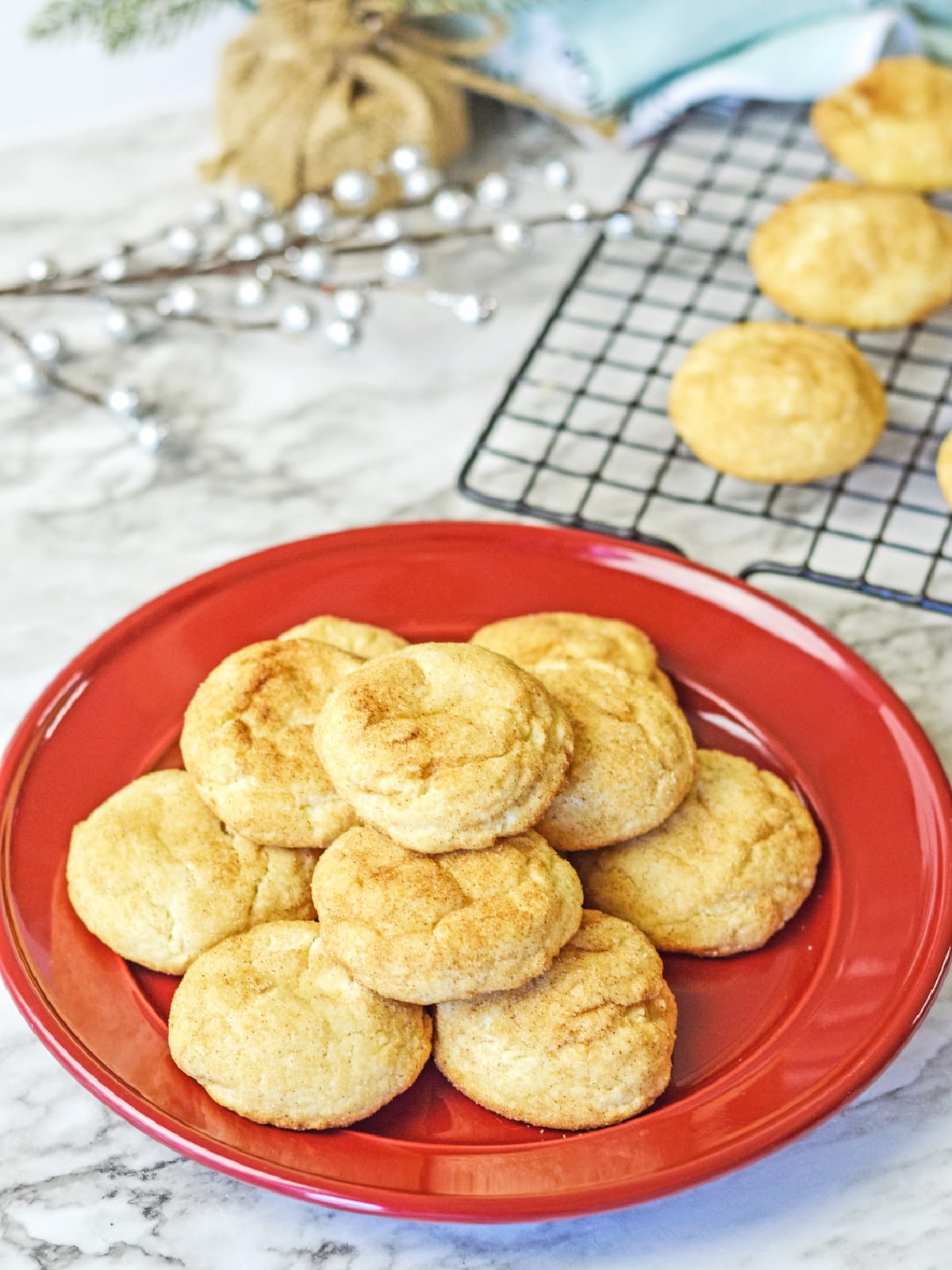 snickerdoodle cake mix cookies on serving plate