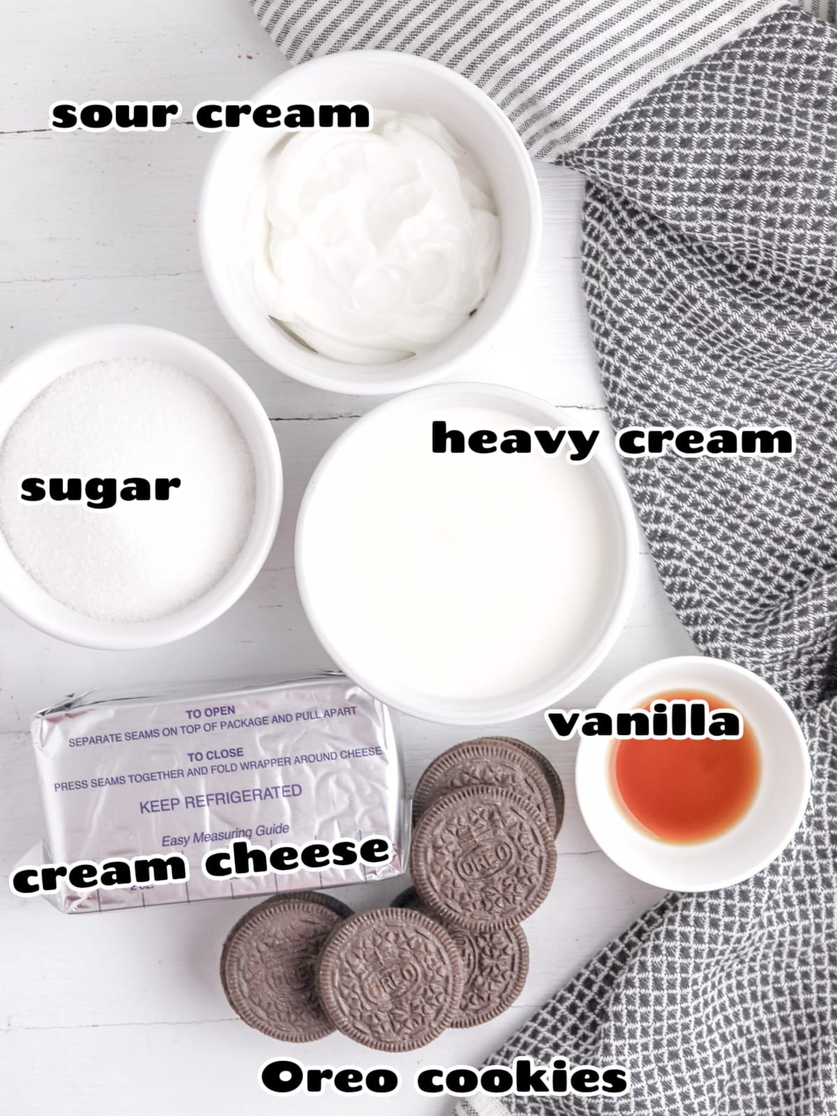 Oreo cheesecake dip ingredients with labels