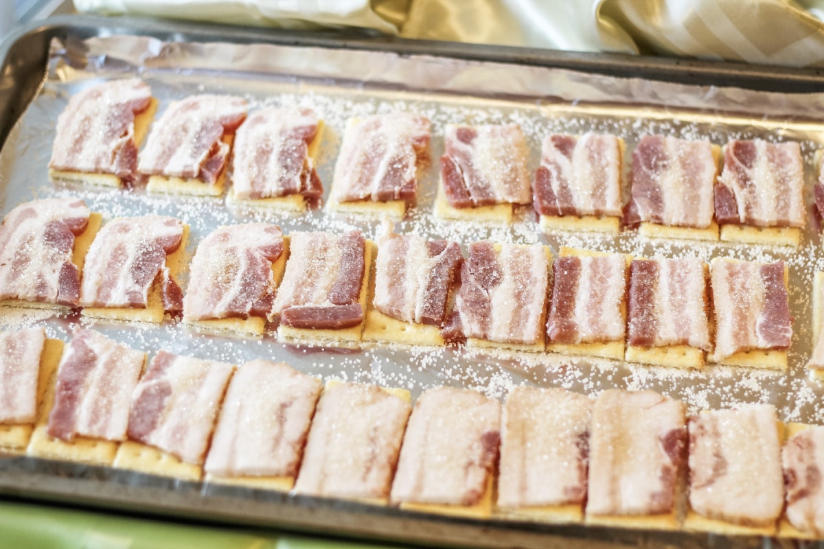 bacon crackers on baking sheet