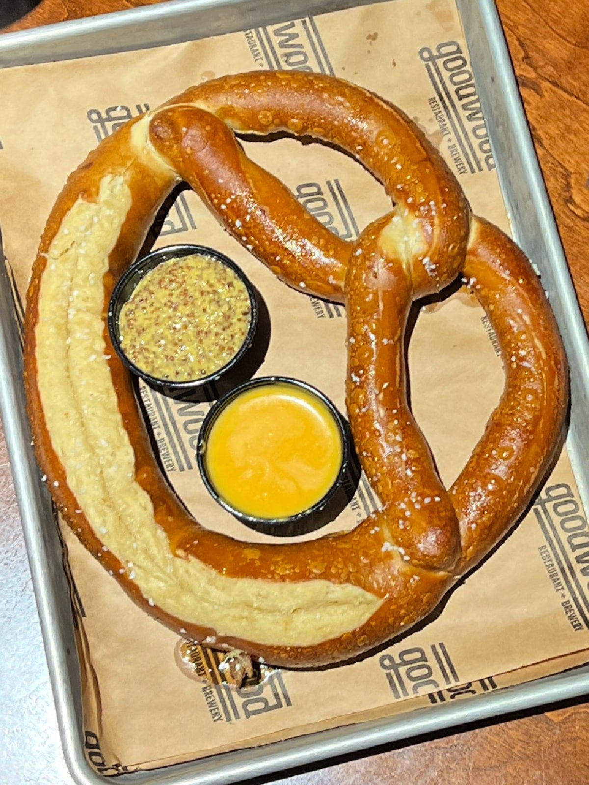 goodwood soft pretzel with mustard dip and beer cheese dip