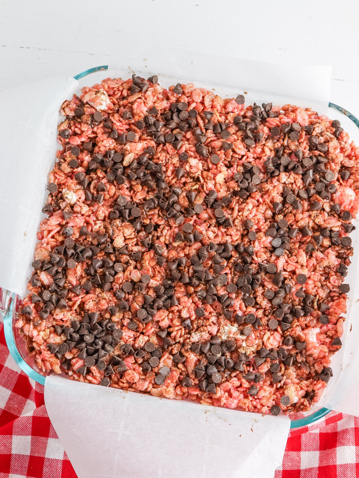 press into square pan and top with chocolate chips