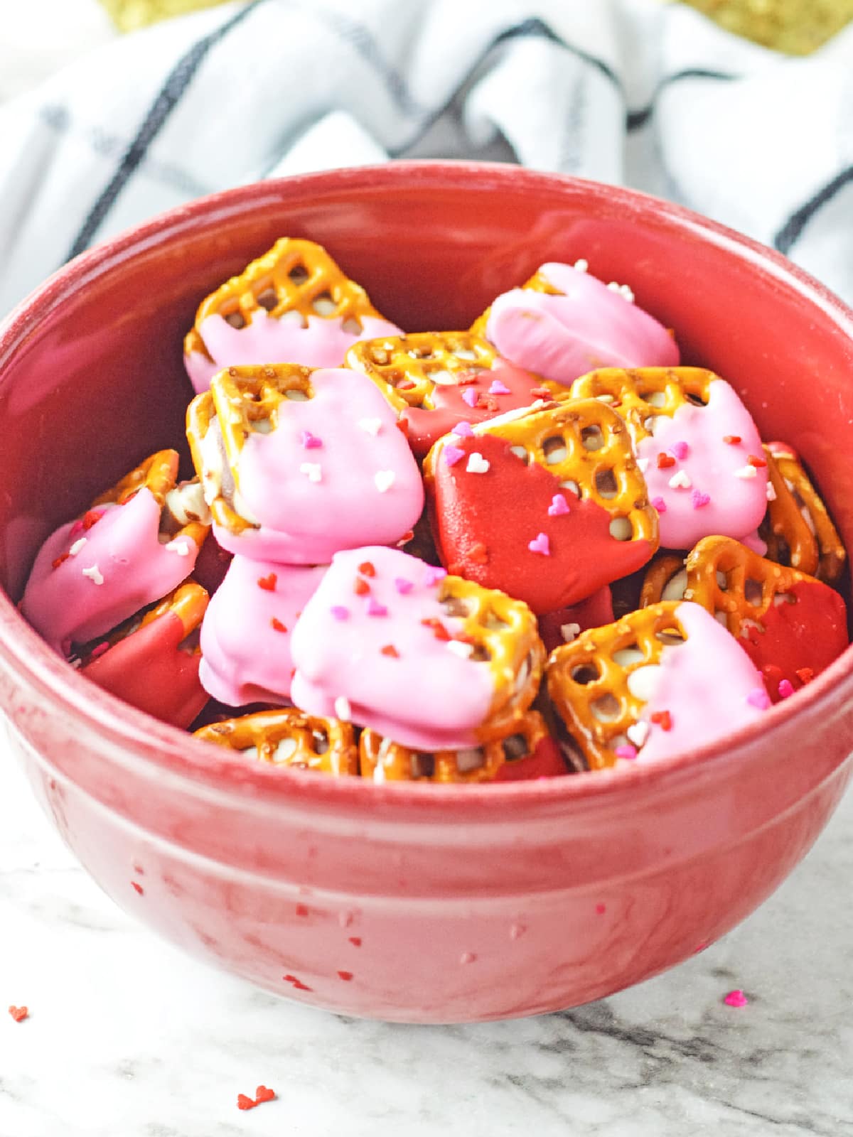 valentines day dipped pretzels in a red bowl