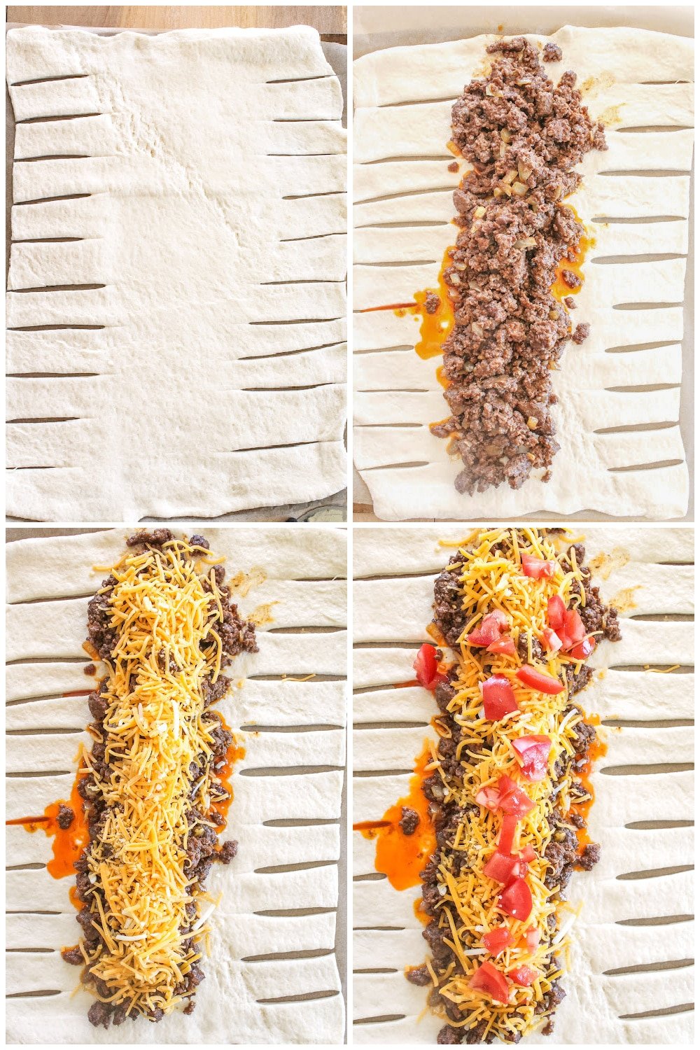 fill pizza dough with taco meat and toppings