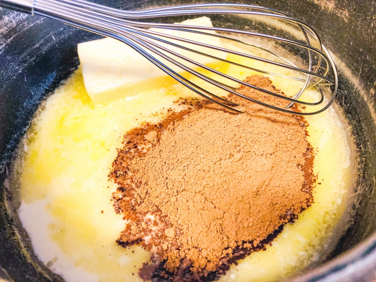 whisk together butter milk and cocoa over medium heat