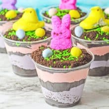 Individual Easter Dirt Pudding Cups with Peeps bunnies and chicks