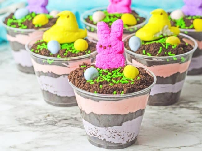 Individual Easter Dirt Pudding Cups with Peeps bunnies and chicks