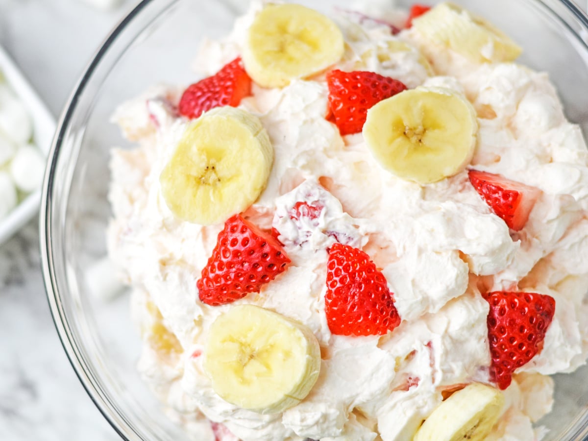 Strawberry Banana Fluff in a glass bowl