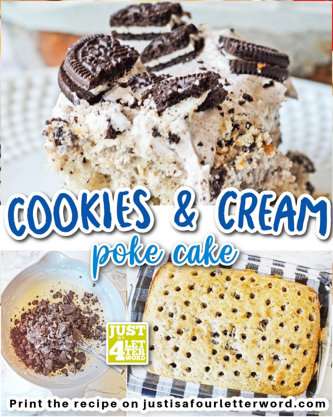cookies and cream poke cake with text