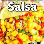 mango salsa for fish tacos with text